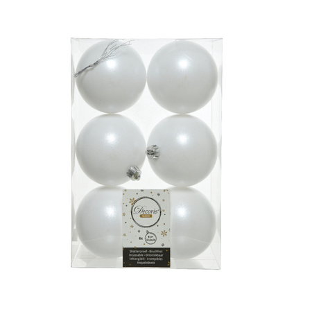 6x Winter witte kerstballen 8 cm matte kunststof/plastic kerstversiering