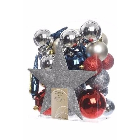Kerstballen pakket met piek rood/zilver/blauw
