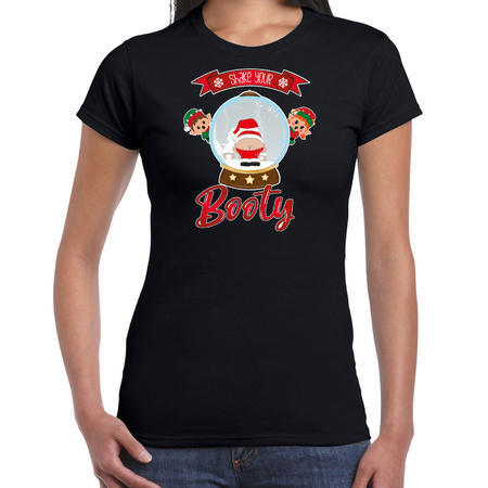 Fout kersttrui t-shirt voor dames - Kerstman sneeuwbol - zwart - Shake Your Booty