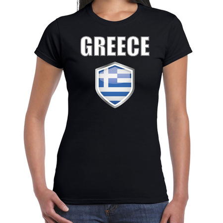 Griekenland landen supporter t-shirt met Griekse vlag schild zwart dames