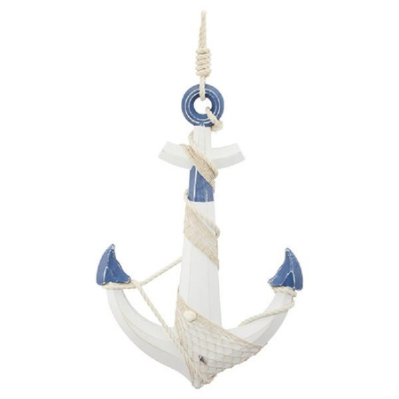 Large wooden anchor statue white and blue 59 x 39 cm nautical decorations