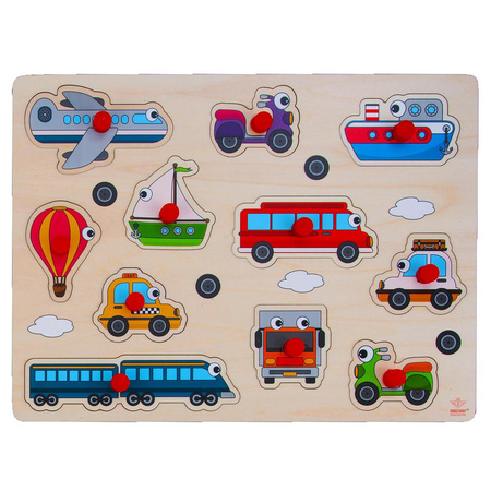 Wooden buttons/studs toy puzzle vehicles theme 30 x 22 cm