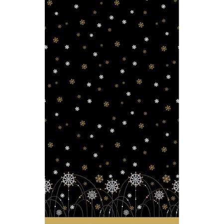 Feestartikelen papieren tafelkleed zwart zilveren/gouden sneeuwvlokjes print 138 x 220 cm - Partyshopper Kerstdiner tafel winkel