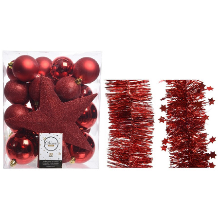 Kerstversiering kerstballen 5-6-8 cm met ster piek en folieslingers pakket rood van 35x stuks