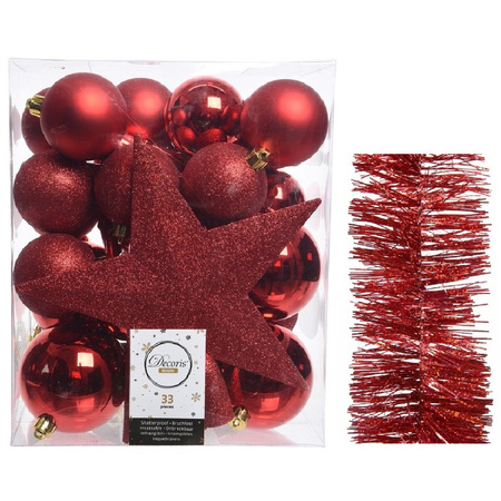 Kerstversiering kerstballen 5-6-8 cm met ster piek en glitter slingers pakket rood van 35x stuks
