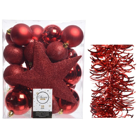 Kerstversiering kerstballen 5-6-8 cm met ster piek en golf folieslingers pakket rood van 35x stuks