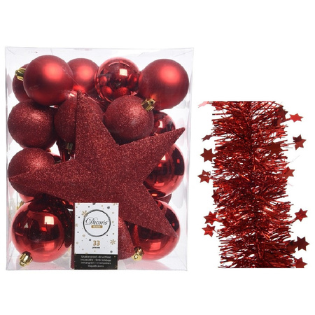 Kerstversiering kerstballen 5-6-8 cm met ster piek en sterren slingers pakket rood van 35x stuks