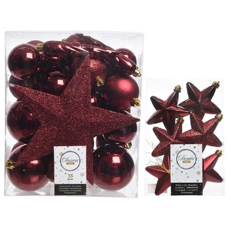 Kerstversiering kunststof kerstballen met piek donkerrood 5-6-8 cm pakket van 39x stuks