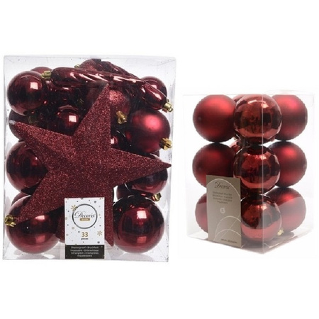 Kerstversiering kunststof kerstballen met piek donkerrood 5-6-8 cm pakket van 45x stuks