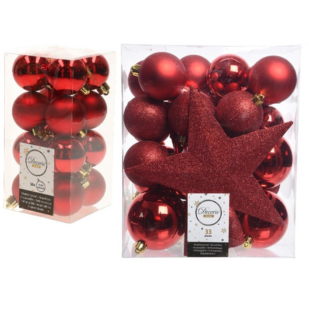 Christmas decorations baubles with topper 4-5-6-8 cm set red 49x pieces