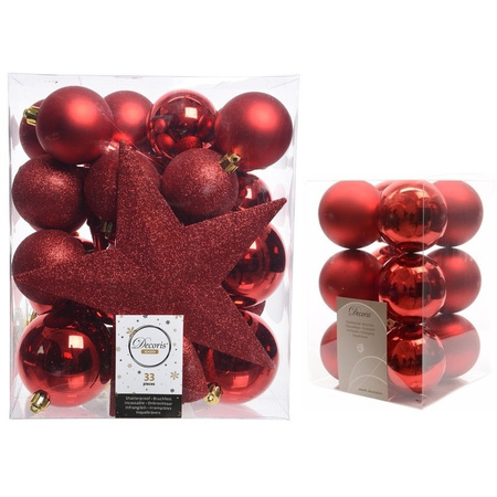 Christmas decorations baubles with topper 5-6-8 cm set red 45x pieces