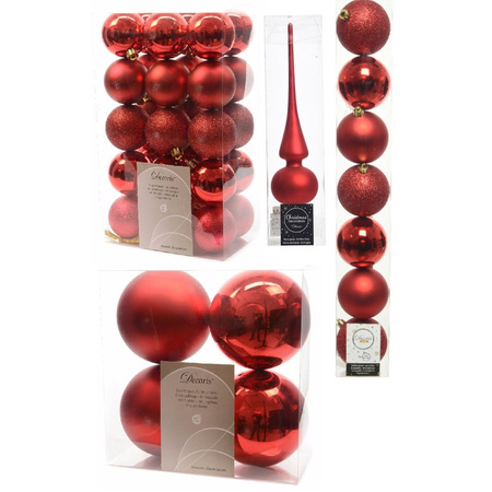 Christmas decorations baubles with topper 6-8-10 cm set red 42x pieces