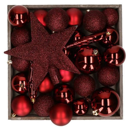 Plastic christmas baubles - 45x pcs - incl. star tree topper - dark red