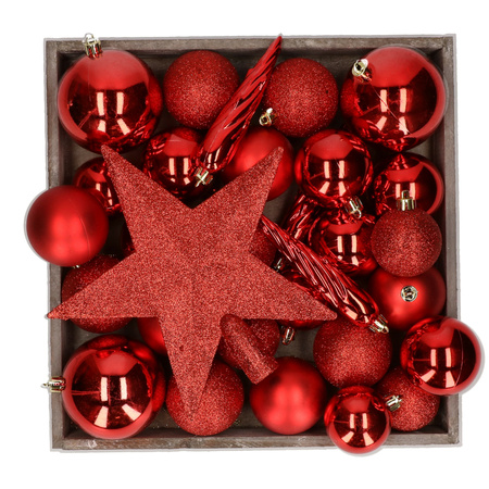 Plastic christmas baubles - 45x pcs - incl. star tree topper - red