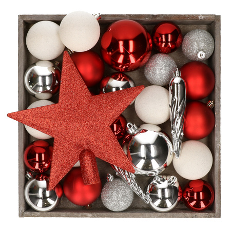 Kunststof kerstballen - 45x stuks - met ster piek - rood,wit,zilver