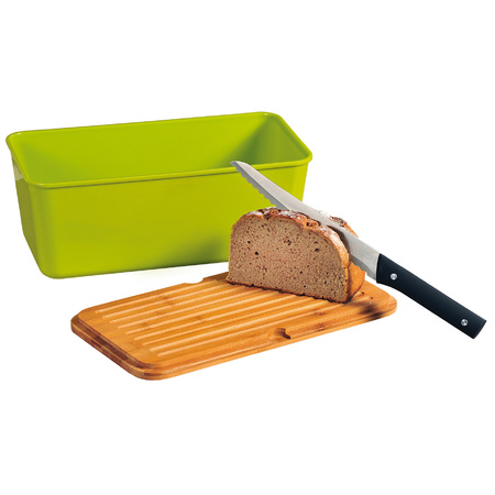 Lime green bread bin with bamboo cutting board lid 18 x 34 x 14 cm