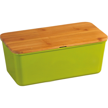Lime green bread bin with bamboo cutting board lid 18 x 34 x 14 cm