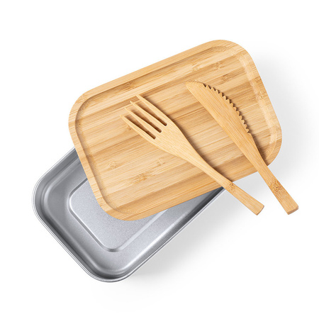 Lunchbox/broodtrommel met bestek - bamboe/rvs - 16 x 11 x 5.6 cm