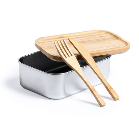 Lunchbox/broodtrommel met bestek - bamboe/rvs - 16 x 11 x 5.6 cm