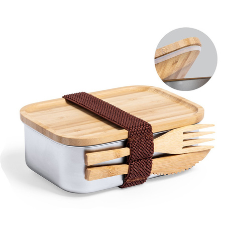 Lunchbox with fork, spoon and knife - bamboo/stainless steel - 16 x 11 x 5.6 cm