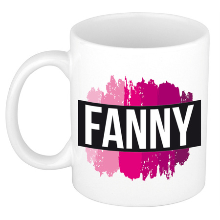 Naam cadeau mok / beker Fanny  met roze verfstrepen 300 ml