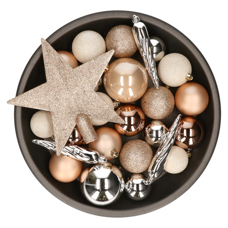Set of 33x pcs plastic christmas baubles brown/white/silver star tree topper mix