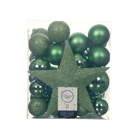 Set of 33x pcs plastic christmas baubles mistletoe green star tree topper mix