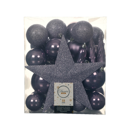 Set of 33x pcs plastic christmas baubles heather lilac purple star tree topper mix