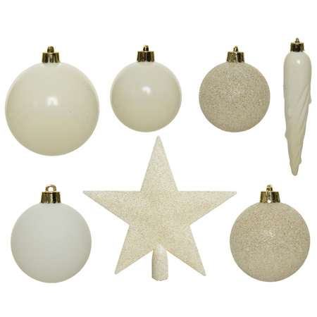 Set of 33x pcs plastic christmas baubles wool white star tree topper mix