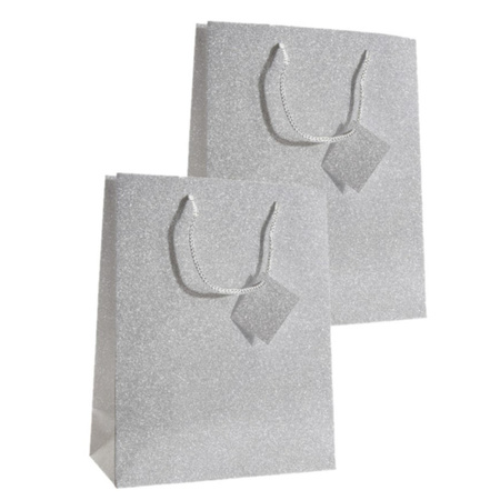 Set van 4x stuks luxe papieren giftbags/cadeau tasjes zilver met glitters 21 x 26 x 10 cm