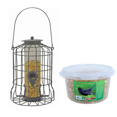 Bird feed silo for little birds metal grey 36 cm including bird food