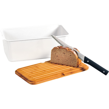 White bread bin with bamboo cutting board lid 18 x 34 x 14 cm