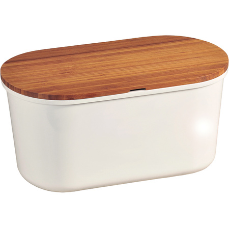 White bread bin with bamboo cutting board lid 21 x 37 x 18 cm