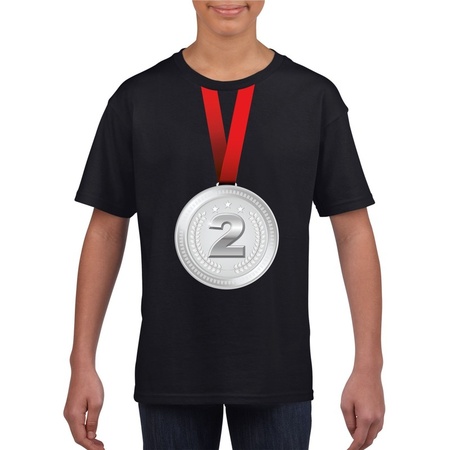 Kampioen zilveren medaille shirt zwart jongens en meisjes