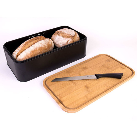 Black bread bin with cutting board lid 42,5 cm