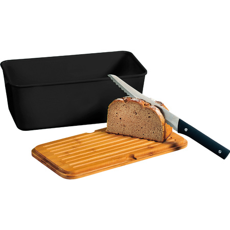 Black bread bin with bamboo cutting board lid 18 x 34 x 14 cm